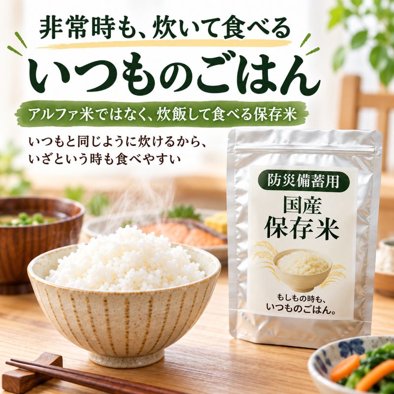 国産米を使用した防災用の長期保存米パッケージ